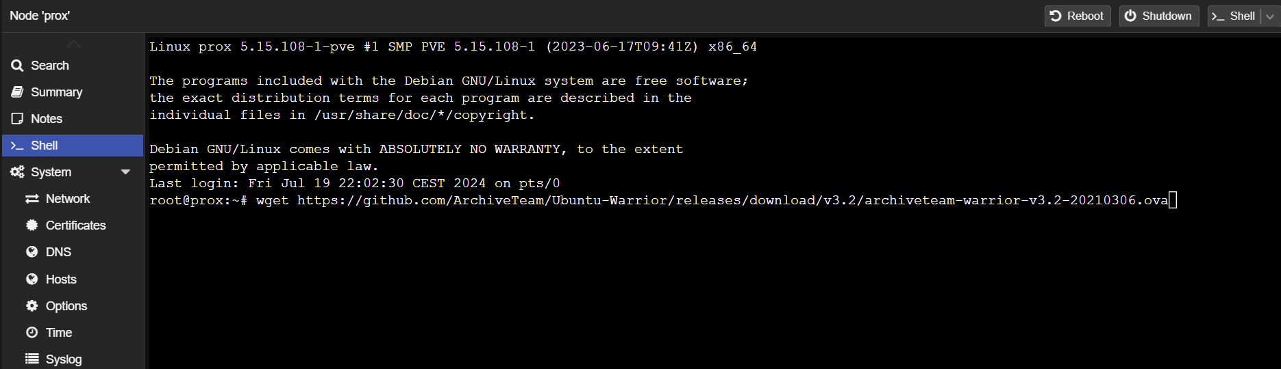 proxmox shell, download ova with wget