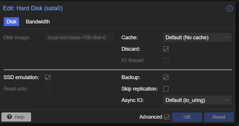 proxmox VM settings for hard drive