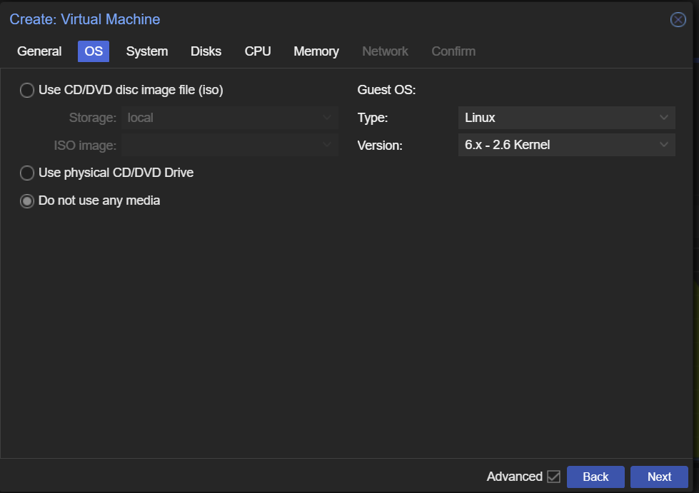 proxmox create virtual machine settings