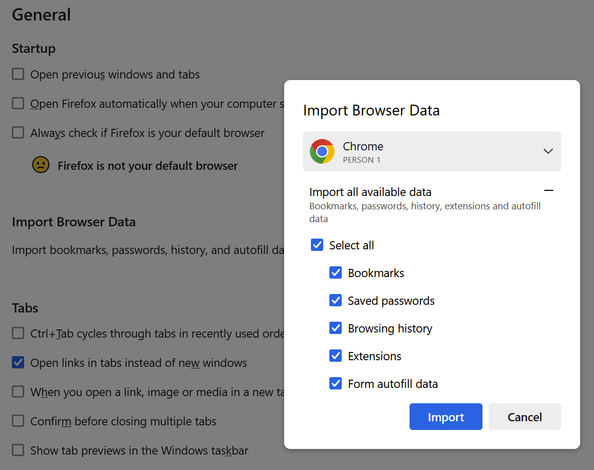 Image of firefox import data screen