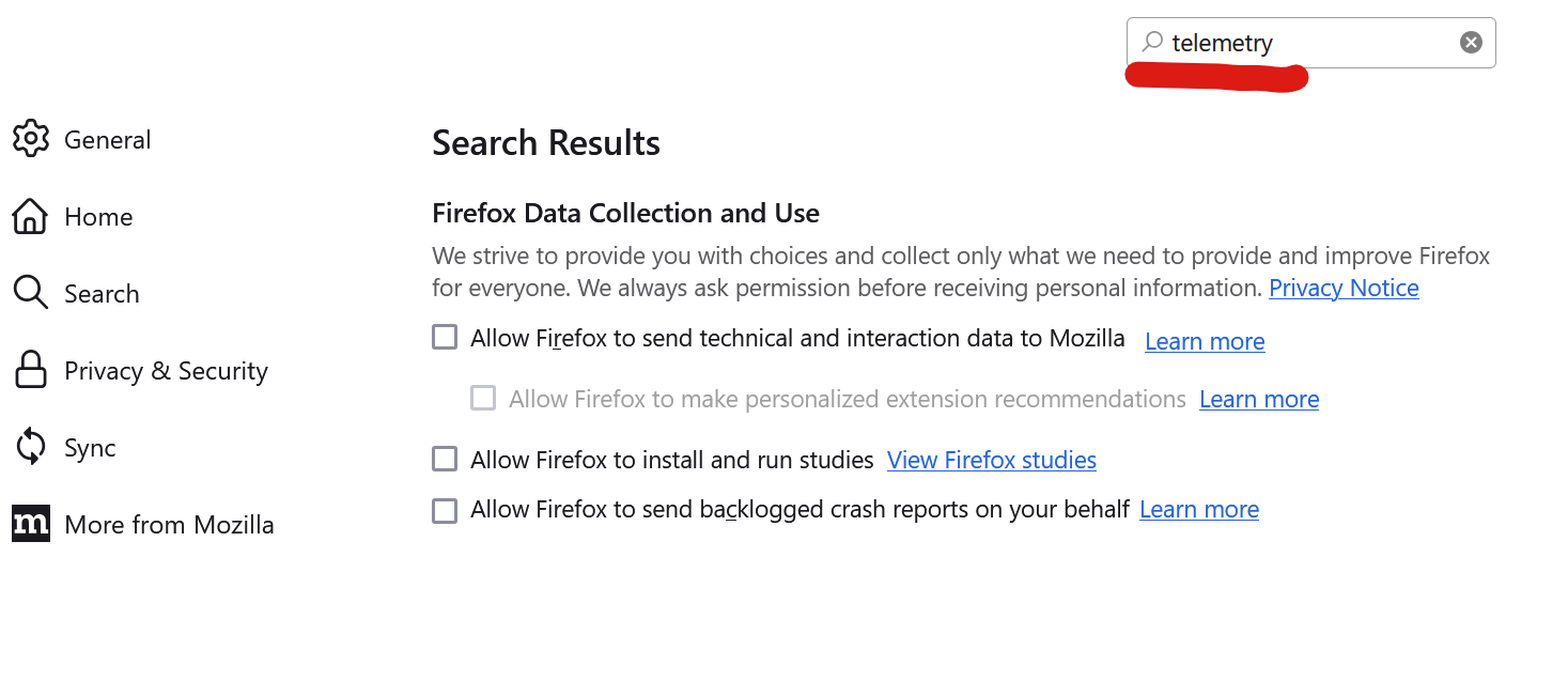 Image of firefox iprivacy settings - diable data collection