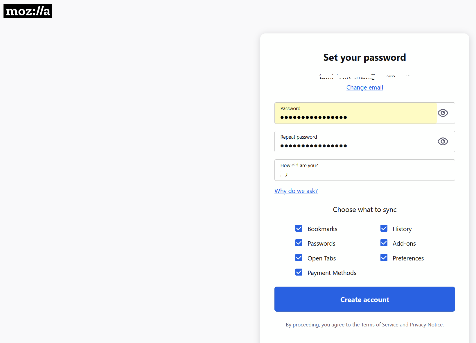 Image of Mozilla account creation