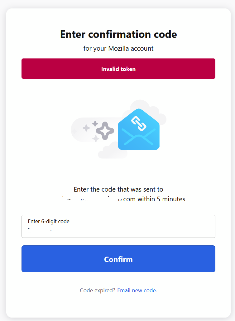 Image of Mozilla account confirmation code screen