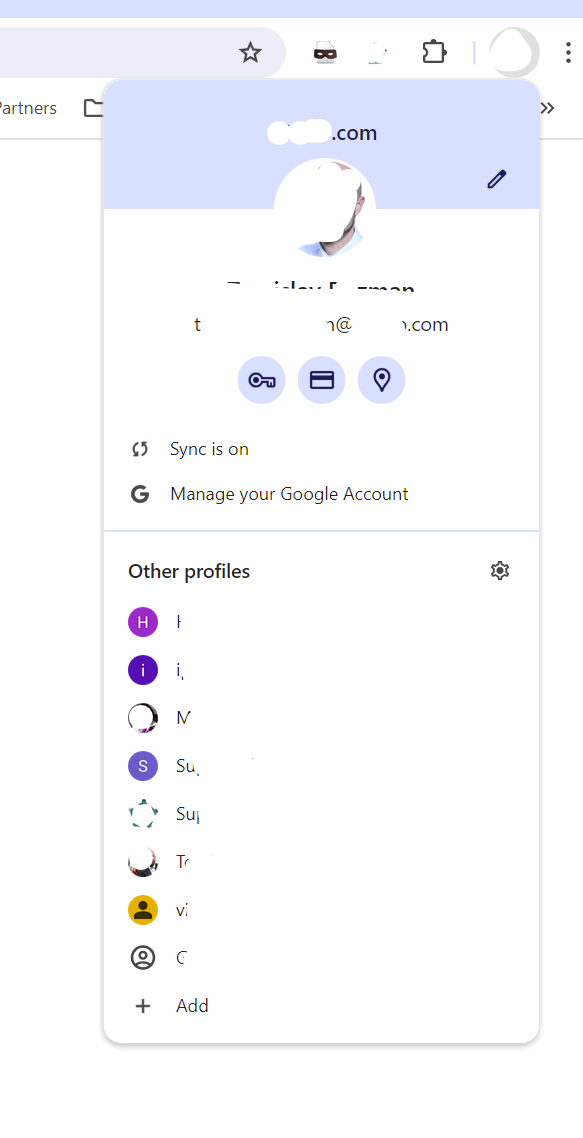 Image of profile manager in Chrome, multiple profiles are visible