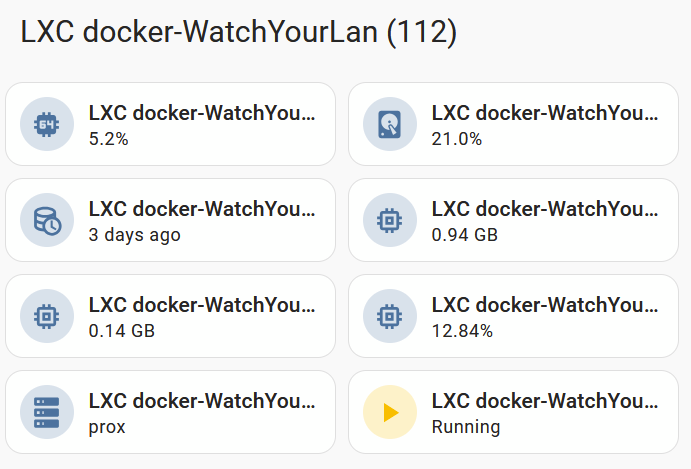 home assistant lxc integration showing various server properties like cpu, mem, disk