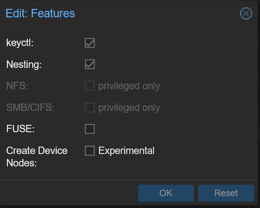 proxmox lxc features menu