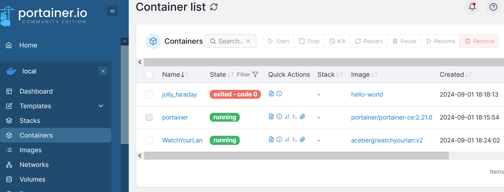 portainer screenshot showing containers running in docker