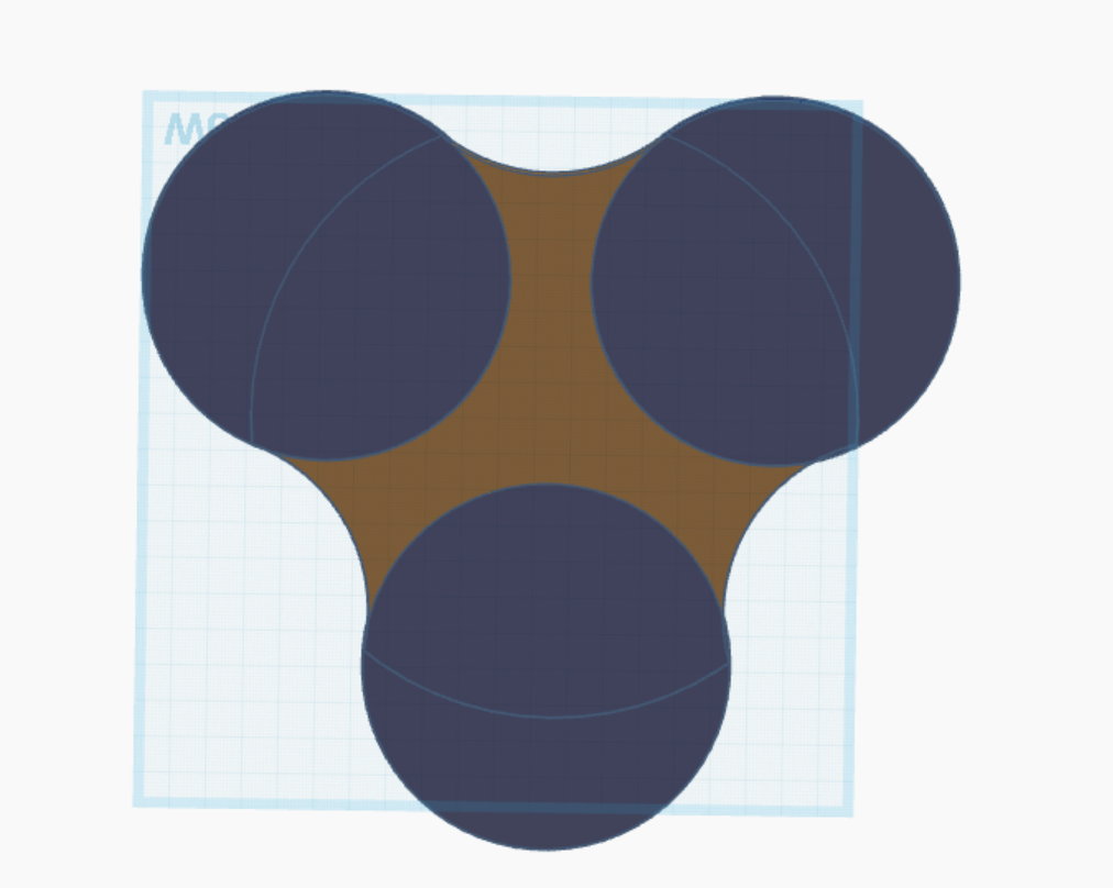 3d model of the pot stand bottom, 3 shallow cylinders in a triangle position, empty space between them filled with manually created object. Looks like a big fidget spinner.