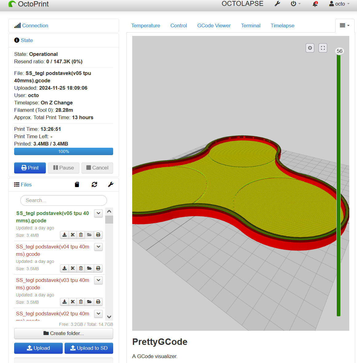 Screenshot of Octoprint web page, showing 3d model simulation of printing