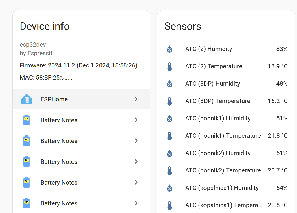 screeshot of the list of esphome entities of ble tracker in home assistant showing some temperatures and humidity