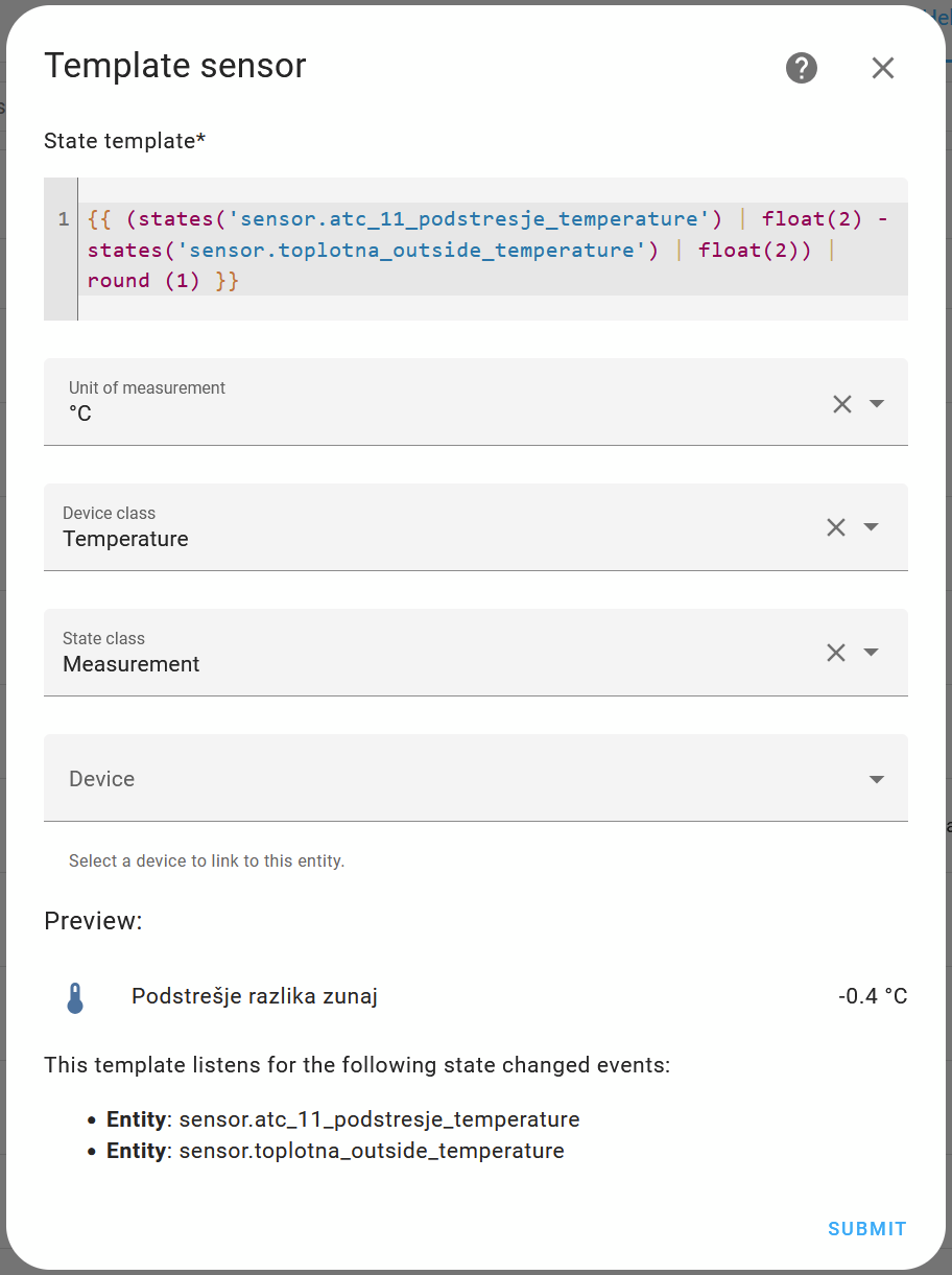 screenshot of template sensor settings in home assistant