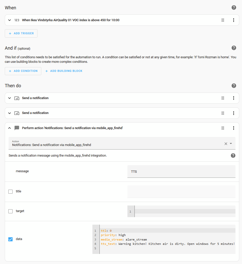 picture of home assistant automation definition - notify when tVOC is elevated