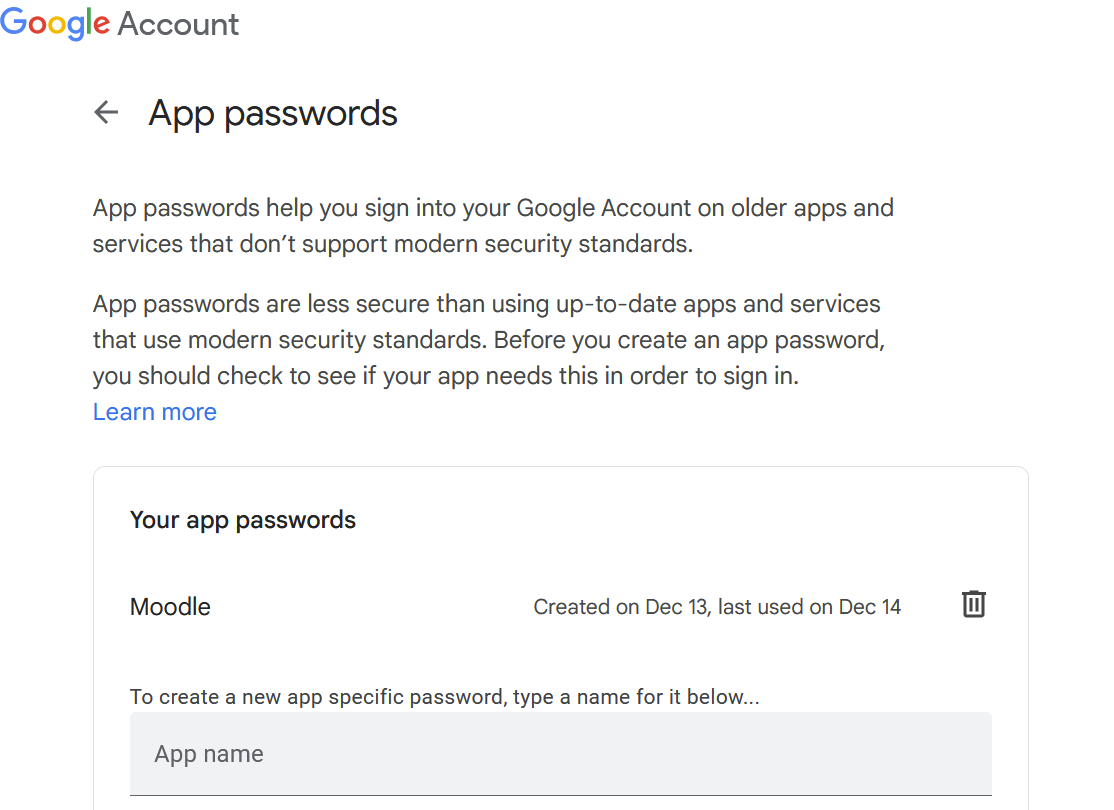 Moodle, SMTP, GMail and App passwords
