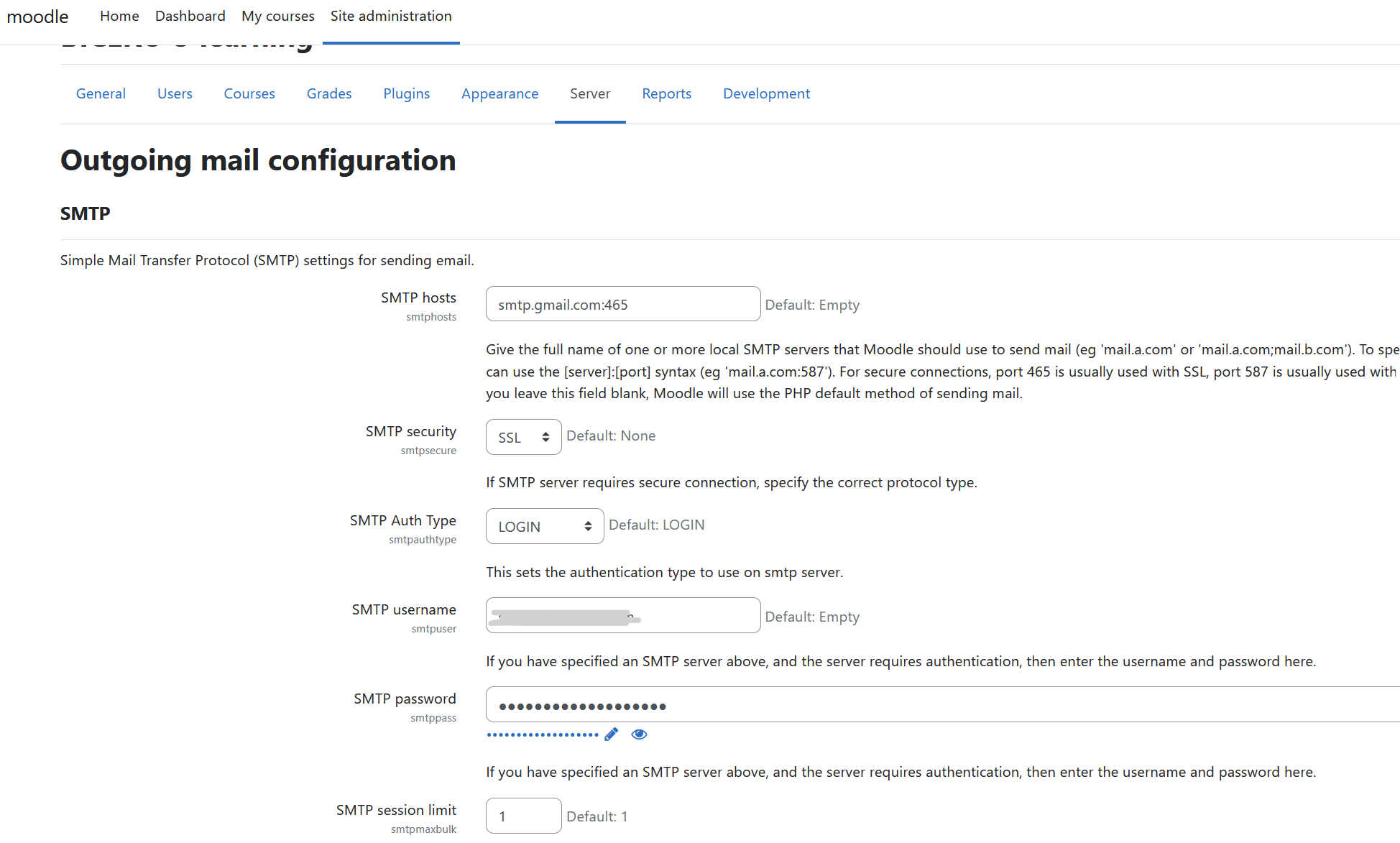 screenshot of Moodle / Server / SMTP config screen